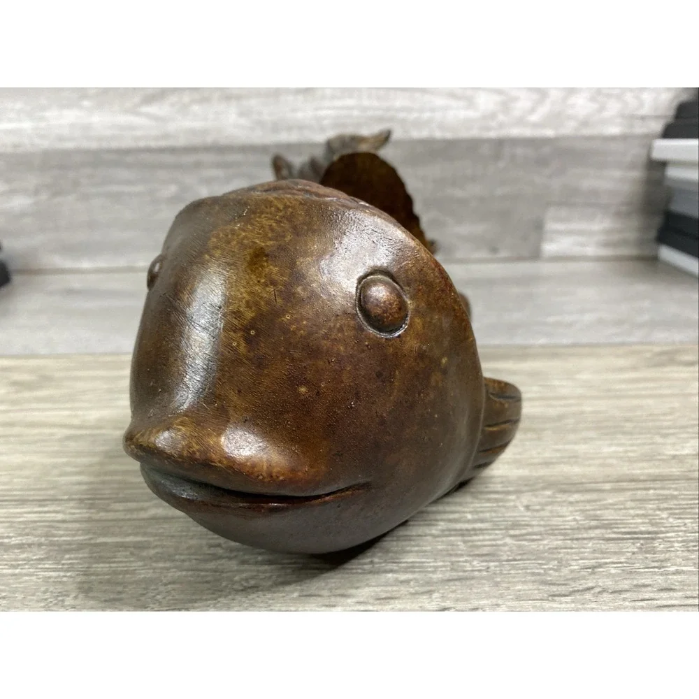 Japanese Fish Bowl Sculpture, Vintage Resin Wood‎ Look Koi Candle Holder